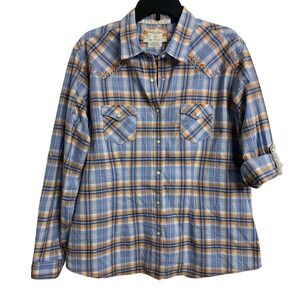 Panhandle Rough Stock  XL Blue Orange Plaid Embroidered Western Pearl Snap Shirt